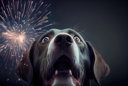 The dog is afraid and shocked by the sound of fireworks with sky background. Pet and animal concept. Digital art illustration. Generative AIの素材