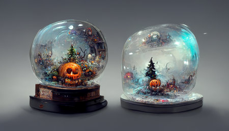 Spooky Halloween party in snow globe crystal ball for decoration on table background. Generative AIの素材