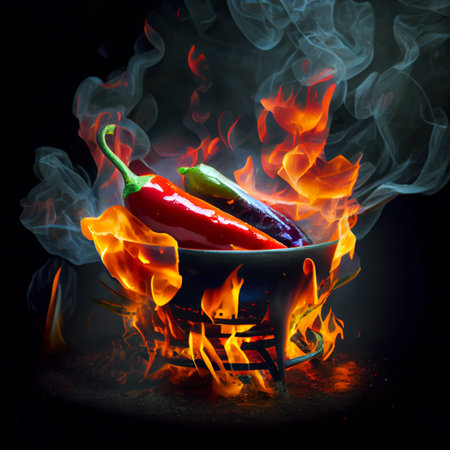 Red chili with burning fire flame in hot pot on black background. Generative AIの素材