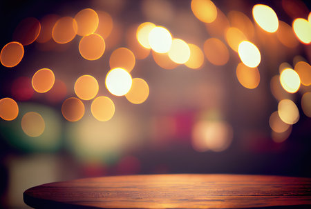 Table top in the night party with colorful bokeh background. Template and decoration concept. Digital art illustration. Generative AIの素材