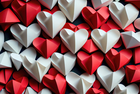 Papercut red and white hearts origami background. Love story and Valentines day wallpaper concept. Generative AIの素材
