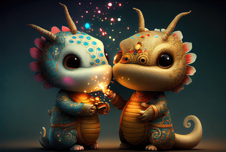 Chinese dragons zodiac with firework and confetti for New Year celebration background. Cartoon style theme. Generative AIの素材