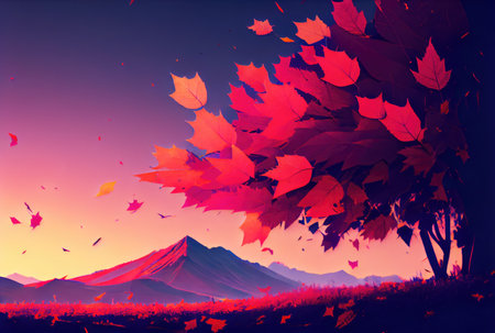 Red maple leaves in the wind with landscape background. Autumn and fall seasonal concept. Digital art illustration. Generative AIの素材