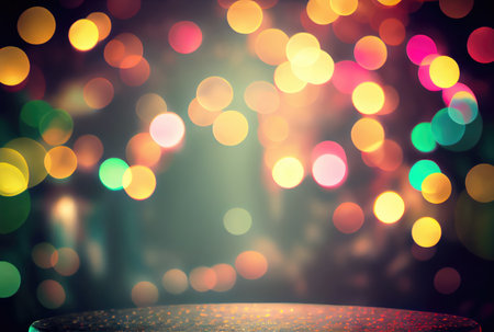 Table top in the night party with colorful bokeh background. Template and decoration concept. Digital art illustration. Generative AIの素材