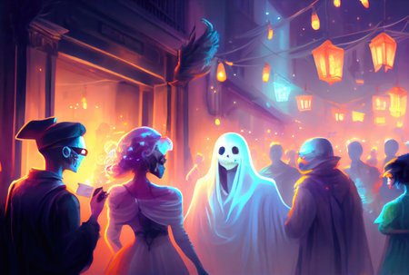 Crowd people celebrate the Halloween day party by dressing up in ghost and devil costumes and dancing happily in night lighting scene. Holiday festival concept. Digital art illustration. Generative AIの素材