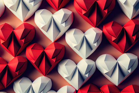Papercut red and white hearts origami background. Love story and Valentines day wallpaper concept. Generative AIの素材