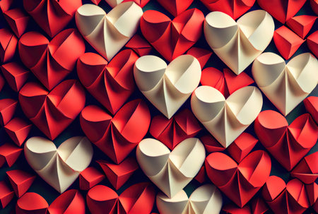 Papercut red and white hearts origami background. Love story and Valentines day wallpaper concept. Generative AIの素材