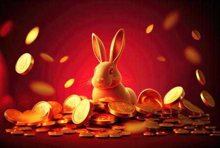 Happy rabbit with Chinese gold coins and ingots for Chinese New Year Festival. Money savings and Economy concept. Generative AIの素材