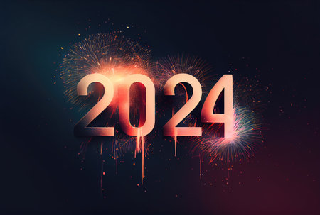 2024 New Year celebration with colorful fireworks on dark background. Happy New Year the year of Dragon and Greeting card concept. Generative AIの素材