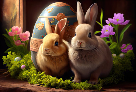 Rabbits family in the nest with many colorful Easter eggs for Happy Easter Day Greeting card background. Animal and pet concept. Generative AIの素材