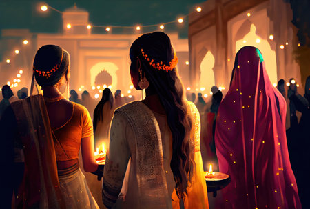 Indian crowd people in the Diwali the festival of lights in the night with candle lights fireworks and mosque background. Generative AIの素材