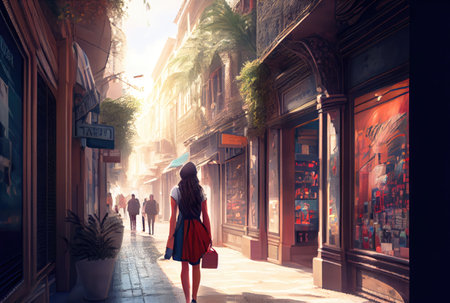 Shopping tourist woman walking on the shopping center street background. People and travel concept. Digital art illustration. Generative AIの素材