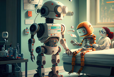 Robots nursing take care of young little robot patient in hospital. Medical technology and healthcare concept. Digital art illustration. Generative AIの素材