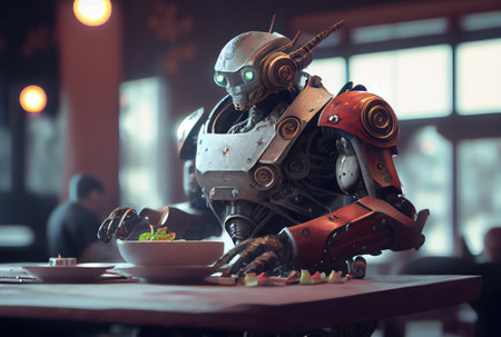 Gourmet humanoid robot as customer eating food in the restaurant. Business technology and innovation concept. Generative AIの素材