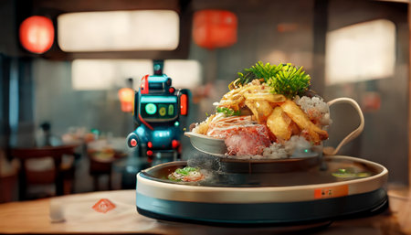 Food service robot in restaurant with Japanese food. Technology and business concept. Generative AIの素材