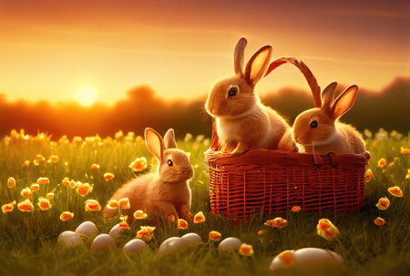Cute rabbits family in the meadow with many Easter eggs in golden hour. Digital art theme. Generative AIの素材