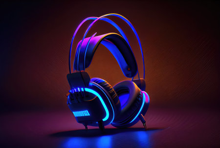 Modern headphone in the colorful gaming and live streaming room background. Generative AIの素材