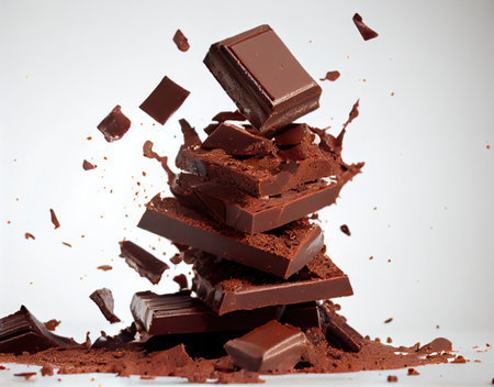 Closeup stacked chocolate chunks falling. Food and dessert concept. Generative AIの素材
