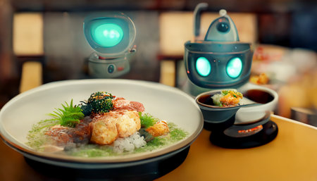 Food service robot in restaurant with Japanese food. Technology and business concept. Generative AIの素材