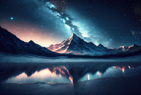 Starry night landscape with mountain and milky way sky background. Beauty in nature and Astrology science concept. Digital art fantasy illustration. Generative AIの素材