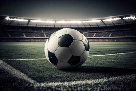 Soccer ball on grass field in stadium. Sport and game concept. Generative AIの素材