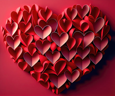 Papercut red and white hearts origami background. Love story and Valentines day wallpaper concept. Generative AIの素材