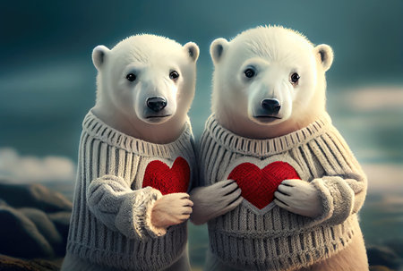 Couple of white polar bears holding red heart with North pole snowy landscape background. Generative AIの素材