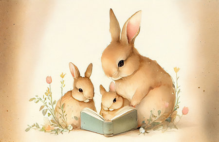 Rabbit family spends time together reading a book on white background. Animal and education concept. Generative AIの素材