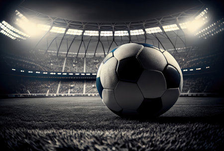 Soccer ball on grass field in stadium. Sport and game concept. Generative AIの素材