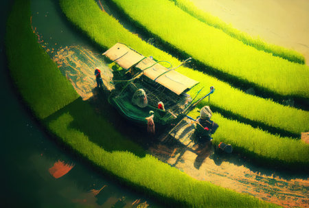 Top view of farmers harvesting rice in the agriculture fields. People lifestyles and occupation concept. Digital art illustration. Generative AIの素材