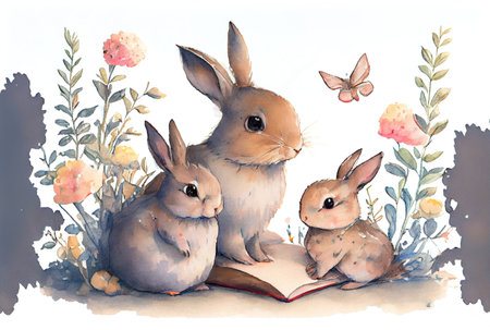 Rabbit family spends time together reading a book on white background. Animal and education concept. Generative AIの素材