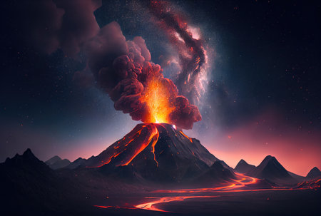 The volcano erupted with hot lava and black smoke covering the sky. Nature and disaster concept. Generative AIの素材