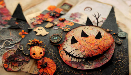 Halloween scrapbook with paper sticker on wooden table background. Generative AIの素材
