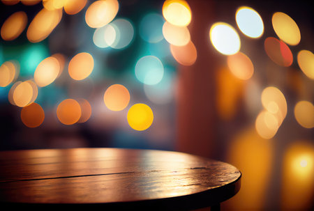 Table top in the night party with colorful bokeh background. Template and decoration concept. Digital art illustration. Generative AIの素材