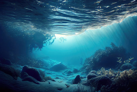 Deep sea and aquatic life with sunshine background. Digital art illustration. Marine life and undersea concept. Generative AIの素材