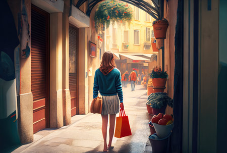 Shopping tourist woman walking on the shopping center street background. People and travel concept. Digital art illustration. Generative AIの素材