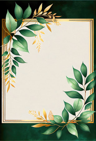 Green leaves with golden frame template and copy space for greeting wedding card and advertising concept art. Generative AIの素材