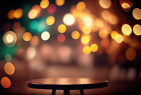 Table top in the night party with colorful bokeh background. Template and decoration concept. Digital art illustration. Generative AIの素材