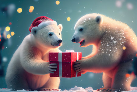 Two polar bears giving gift box together in the north pole with snowy background. Christmas day festival concept. Generative AIの素材