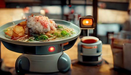 Food service robot in restaurant with Japanese food. Technology and business concept. Generative AIの素材