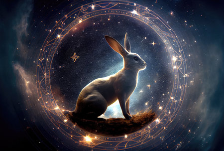 Rabbit zodiac constellation star sign and symbol in the universe with shining stars background. Generative AIの素材
