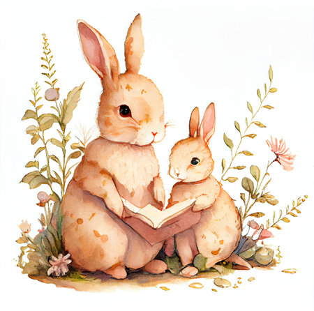Rabbit family spends time together reading a book on white background. Animal and education concept. Generative AIの素材