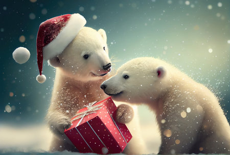 Two polar bears giving gift box together in the north pole with snowy background. Christmas day festival concept. Generative AIの素材
