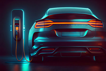 EV car with Electric charging station charger and blue glowing light stripe. Technology and transportation concept. Generative AIの素材