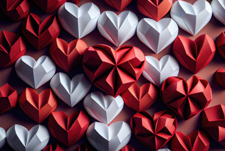 Papercut red and white hearts origami background. Love story and Valentines day wallpaper concept. Generative AIの素材