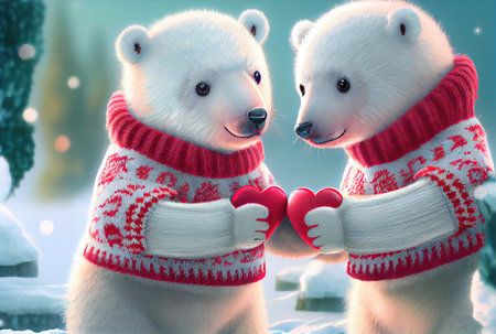 Couple of white polar bears holding red heart with North pole snowy landscape background. Generative AIの素材