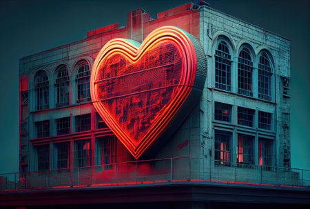 The red heart neon lighting symbol is in front of a building on the main road in the city background. Sign and symbol concept. Digital art illustration. Generative AIの素材
