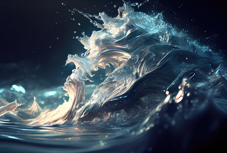 Huge blue ocean waves crashing at sunset during large swell in heavy storm wallpaper background. Seascape and disaster of nature concept. Digital art illustration. Generative AIの素材