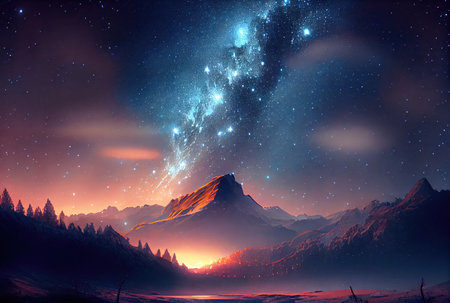 Starry night landscape with mountain and milky way sky background. Beauty in nature and Astrology science concept. Digital art fantasy illustration. Generative AIの素材