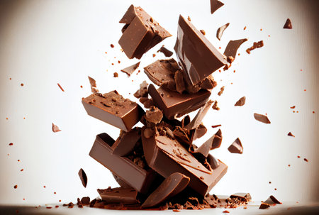 Closeup stacked chocolate chunks falling. Food and dessert concept. Generative AIの素材